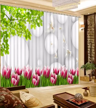 

Photo Customize Size Bath Pink Tulips Curtain Green Leaves Circle Curtains Blackout Curtain Fabric 3D Curtains Blackout
