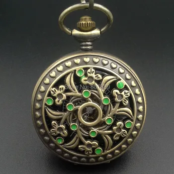 

Steampunk Bronze Tone Green Dot Design Hand Wind Mechanical Pocket Watch Retro chain fashion for Man and Women Gift Watch H259