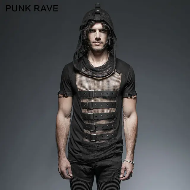 2017 New Punk Rave men's Rock black Fashion street mesh sexy Tee Shirt ...