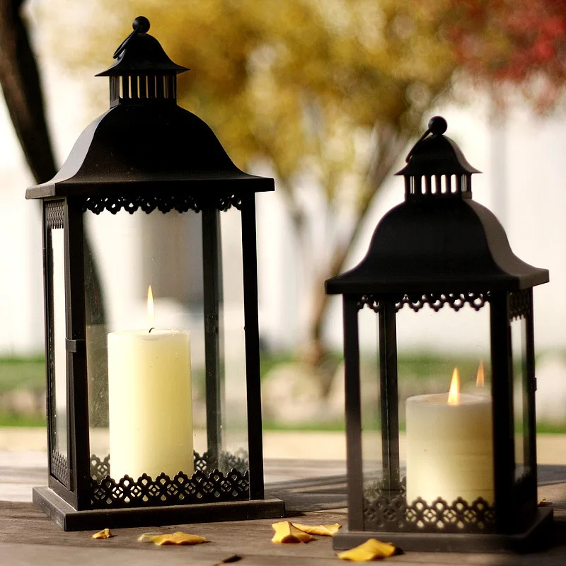 European style Portable Iron Glass Lantern floor ...
