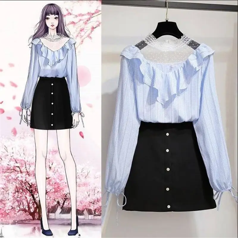 

2019 Fashion Summer Women Lace Patchwork Chifffon Stripe Shirt Top + A Line Mini Skirt Two Piece Set Female Skirts Suit K209