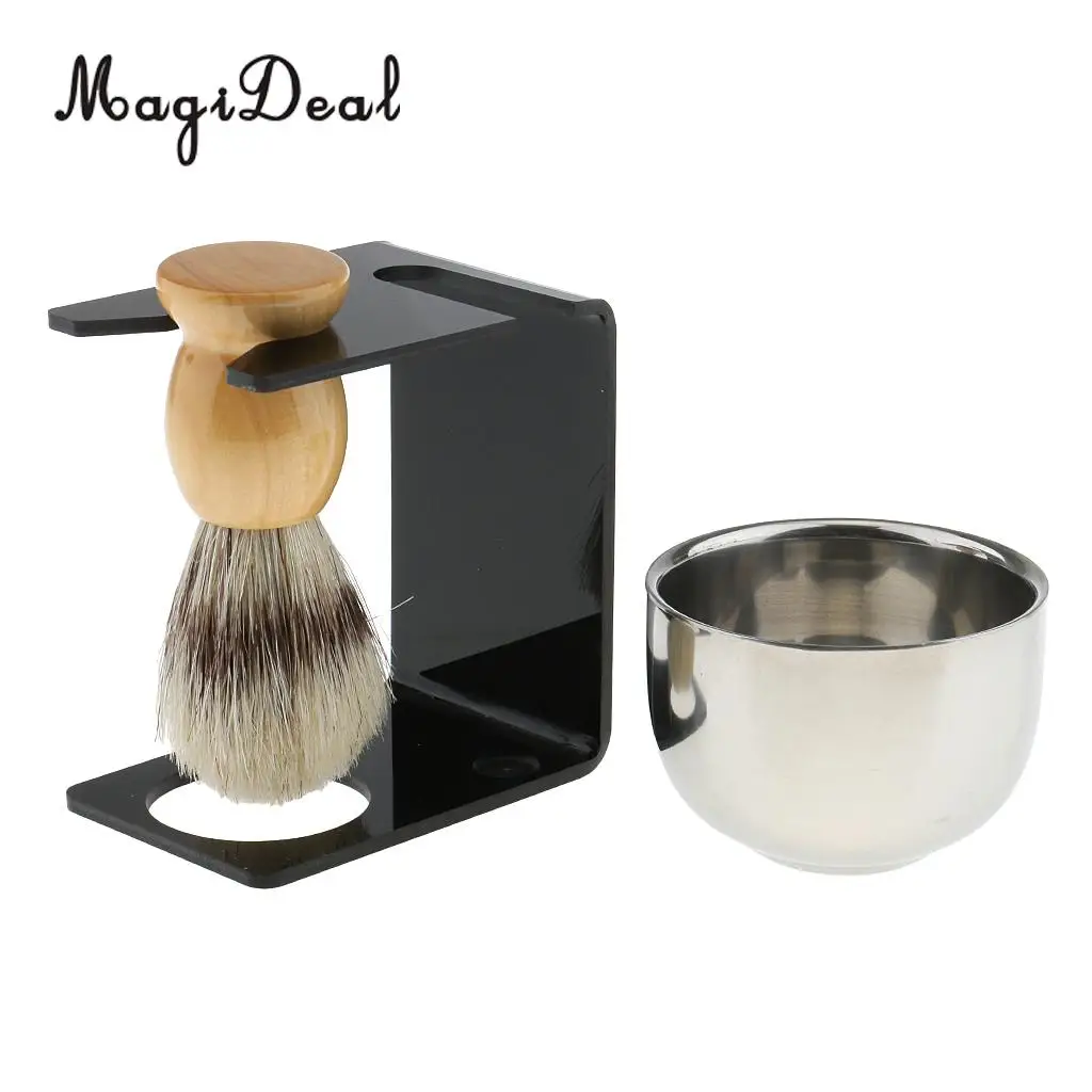 Magideal 4 in 1 Salon Bristle Hair Shaving Brush Mug Bowl Shave Stand Soap Facial Cleaning Brush Travel Set beard brush