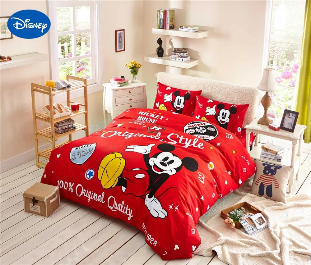 Cartoon Disney Printing Bedding Set 100 Cotton Red Color Mickey