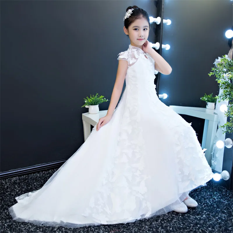 Festa de Casamento Vestidos de Bebês Show de Borboleta 2018 Nova Alta Qualidade Cor Branca Aniversário Longa Cauda Crianças Modelo Traje Vestido 6 de Casamento Aniversário longa cauda vestidos de