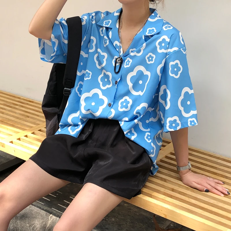 

Vintage Cute Floral Print Button V-Neck Turndown Sexy Korean Women Top Shirt Boho Loose Pretty Lolita Summer Short Sleeve Blouse