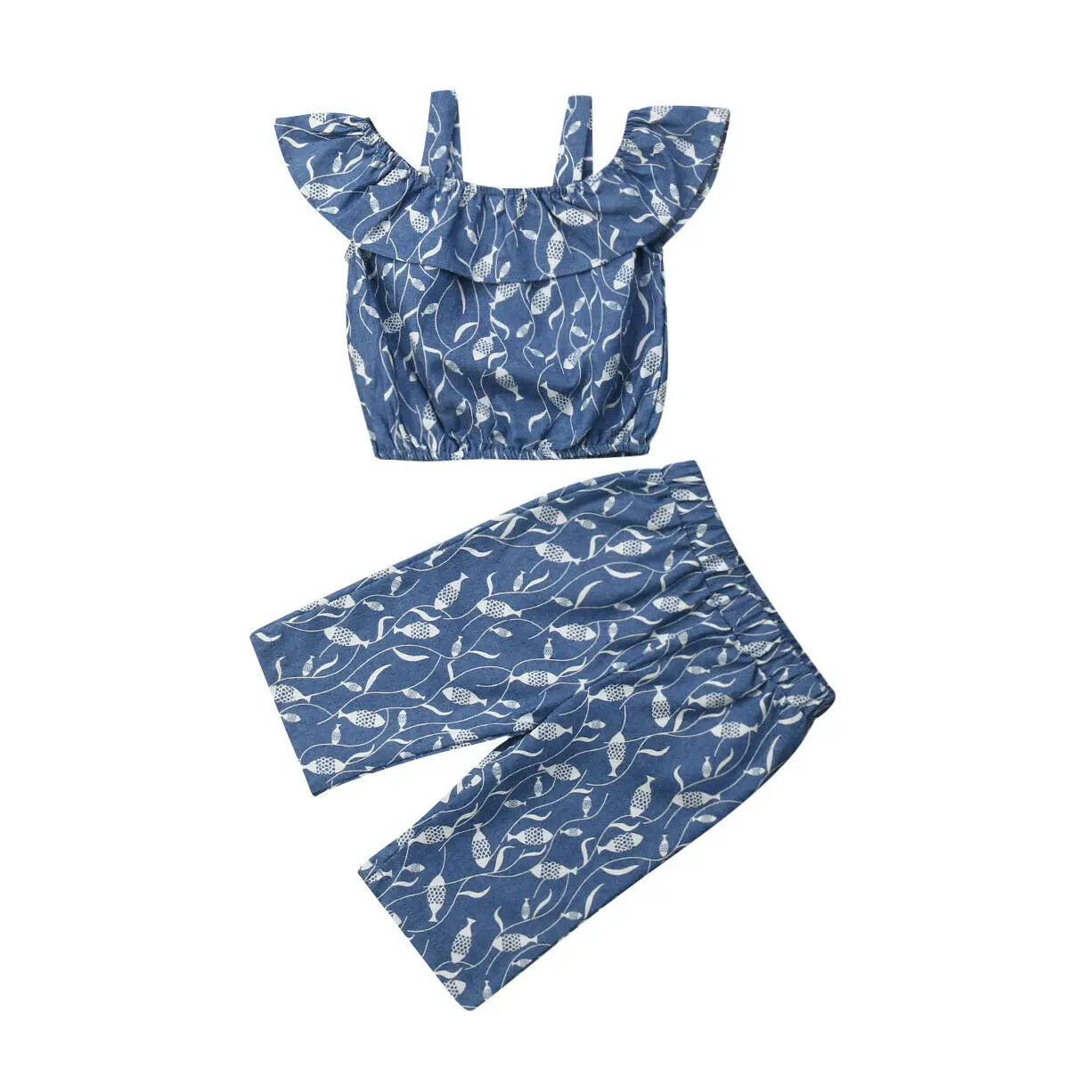 

IMCUTE Toddler Lovely Off Shoulder Fish Print Top Long Pants Clothes Set Newborn Baby Girls Blue Two-Piece Outfit