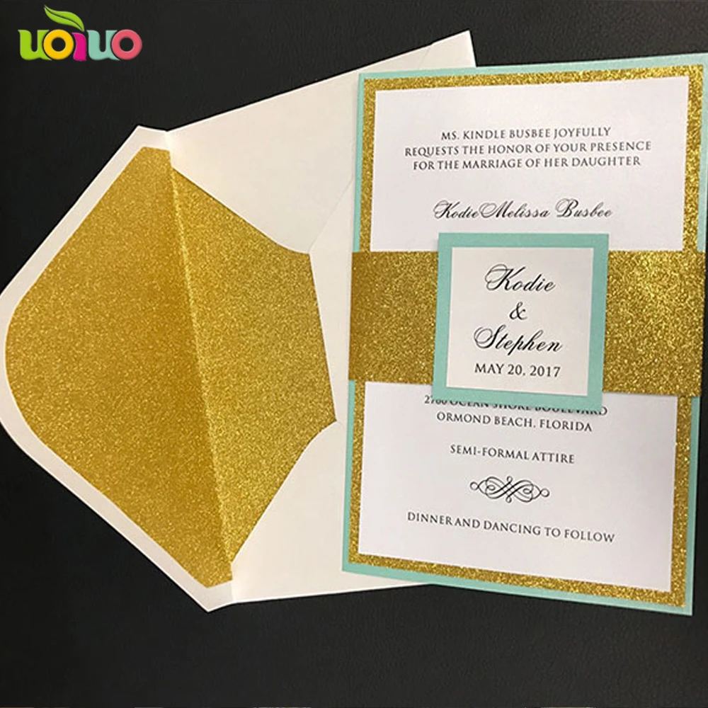 

DIY customize 10pcs Laser Cut Wedding invitations Card Wedding glitter gold envelope,glitter belly band,glitter insert print tag