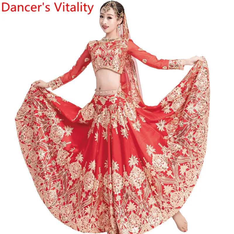 Индийский костюм для восточных танцев с большим подолом, юбка с вышивкой, топ и штаны с вуалью, комплект одежды из 4 предметов