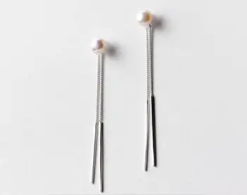 

100% Real. 925 Sterling Silver Fine Jewelry Natural Freshwater Pearl Chain Straight Bar Tassel earrings DANGLE Long gtle1825