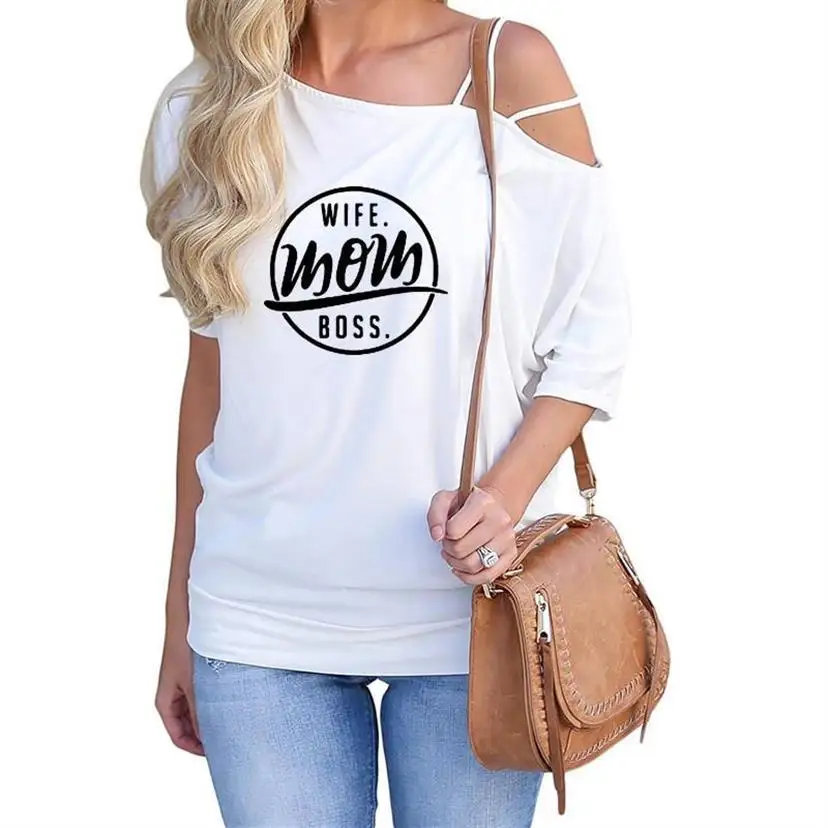 

2019 WIFE MOM BOSS Letters Print Slanted Shoulder Sleeve T-Shirt For Women Harajuku Tshirt Tops T-Shirt Cute Off The Shoulder