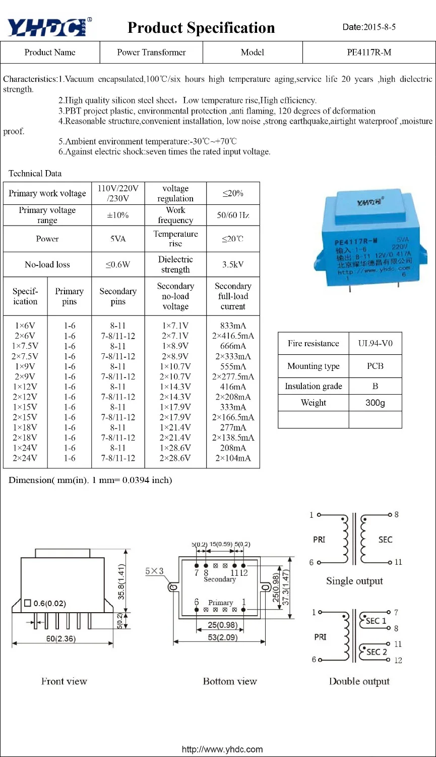 Pe4117r-m Мощность 5va 220 В 18 В encapsulated монтажа на печатной плате трансформатор