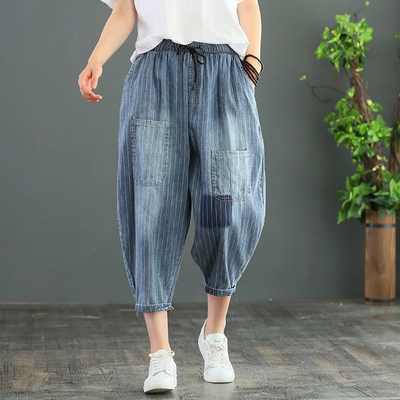 

Johnature Summer Korean Casual Stripe Denim Pants 2019 New Loose Simple Pockets Elastic Waist Lace Up Harem Pants Women Jeans