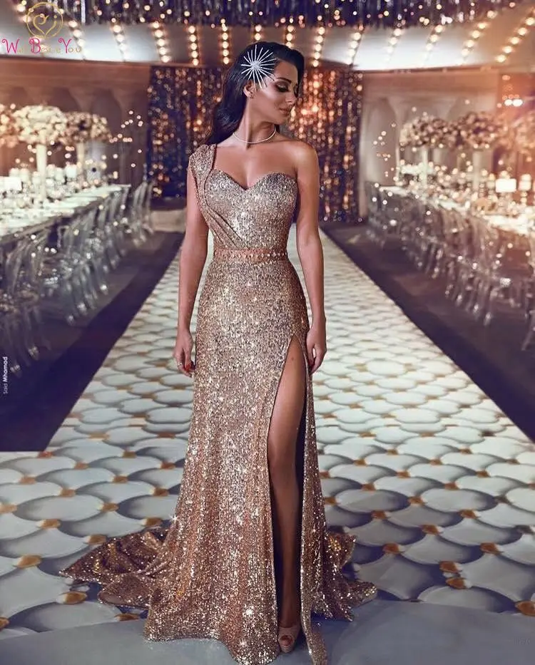 

2019 Sexy Gold Split Mermaid Evening Dresses Sweetheart Neck One Shoulder Gown Floor Length Sashes Sequined Formal Party Dress