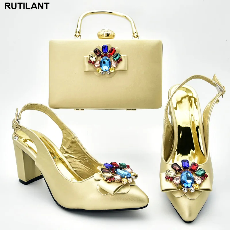 Ladies Italian Shoes and Bag Set Decorated with Rhinestone Nigerian Women Party Shoes High Heels Women Shoes Luxury Shoes Women