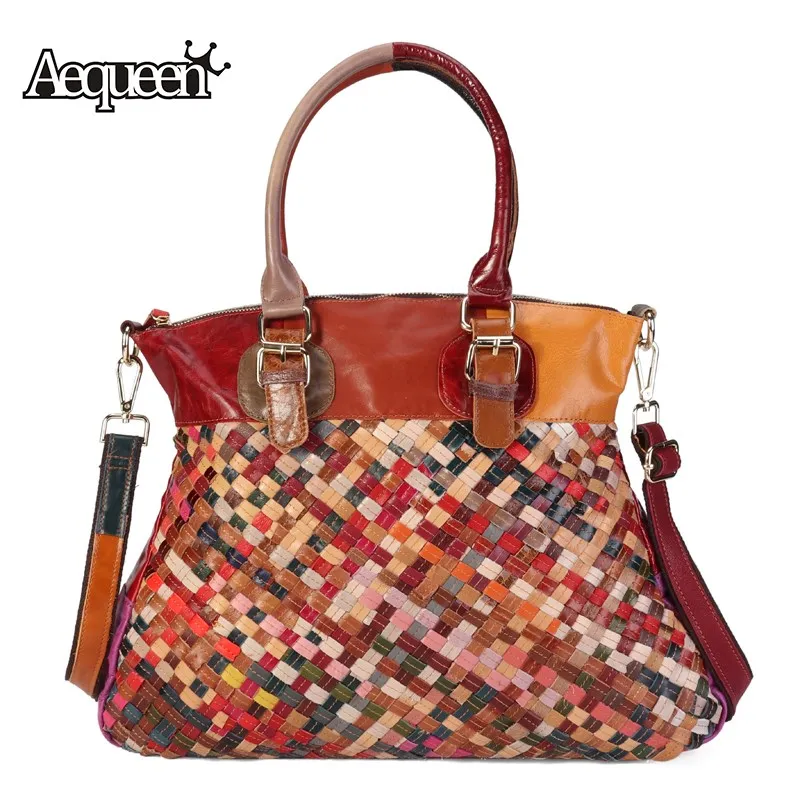 

AEQUEEN Patchwork Design Handbags For Women Shoulder Bag Ladies Knitting Genuine Leather Totes Crossbody Bag Random Color Bags