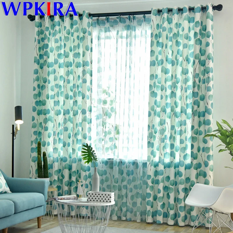 

Home Decor Country Cotton Linen Blue printed voile curtains for bedroom living room windows Curtain Fabric customized WP352&4