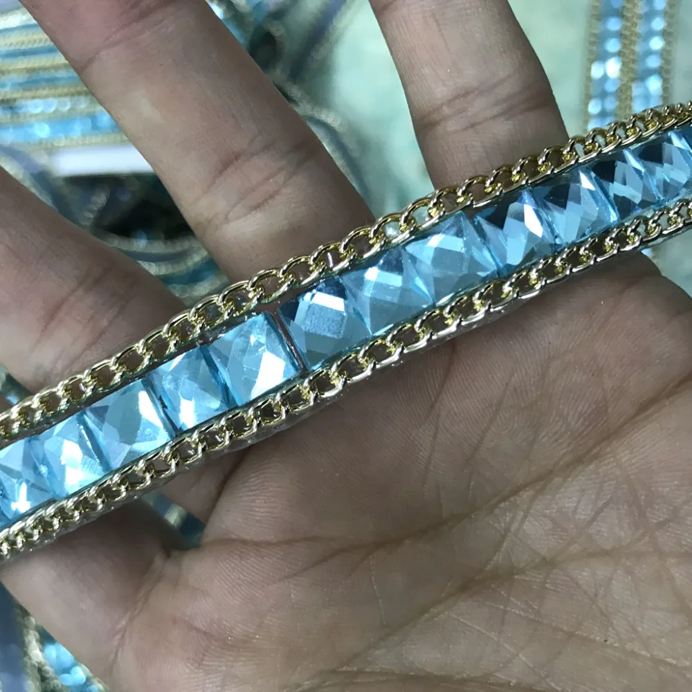 

1 meter hotfix rhinestone chain wide 18mm hot fix rope mesh blue color 8mm square stone DIY handmade accessory for cloth chain