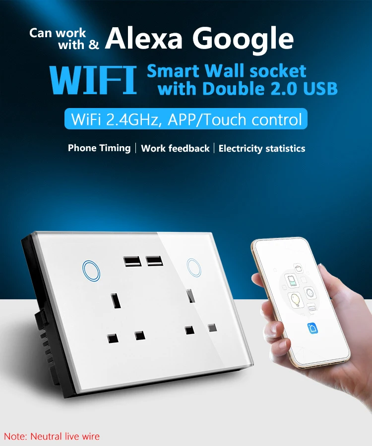 UK 146 Type 15A Square plug sockets with Double 2.0 USB plug Smart WIFI touch control socket,compatible alexa,google assistant