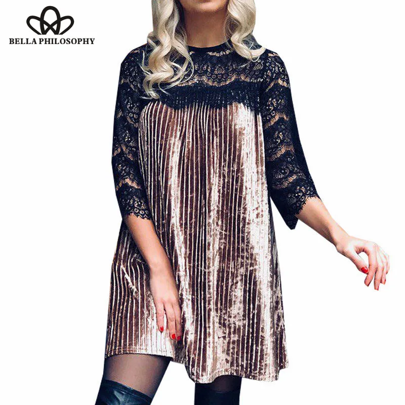 Wonder Patchwork Lace Dresses Women Vestidos Night Club Clothing Sexy Velvet Tunic Spring Casual Pleated Party Women