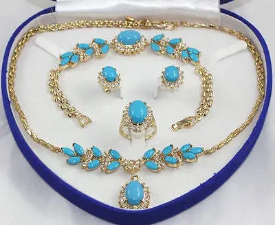 

Wholesale fast SHIPPING >>>> 1set 18K Yellow Gold GP Inlay Turquoise Necklace Bracelet Earring Ring AA