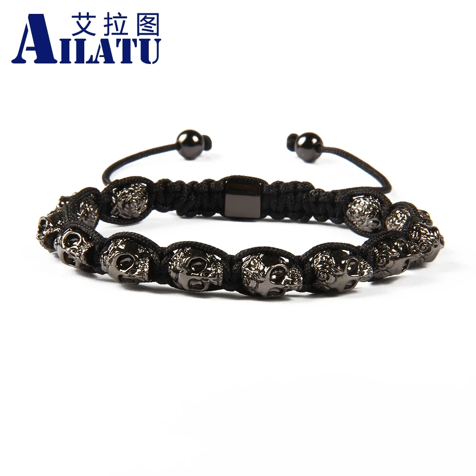 

Ailatu Brand Jewelry Wholesale 10pcs/lot Exquisite Black Rose Skull Macrame Bracelet for Men's Party Gift Top Quality