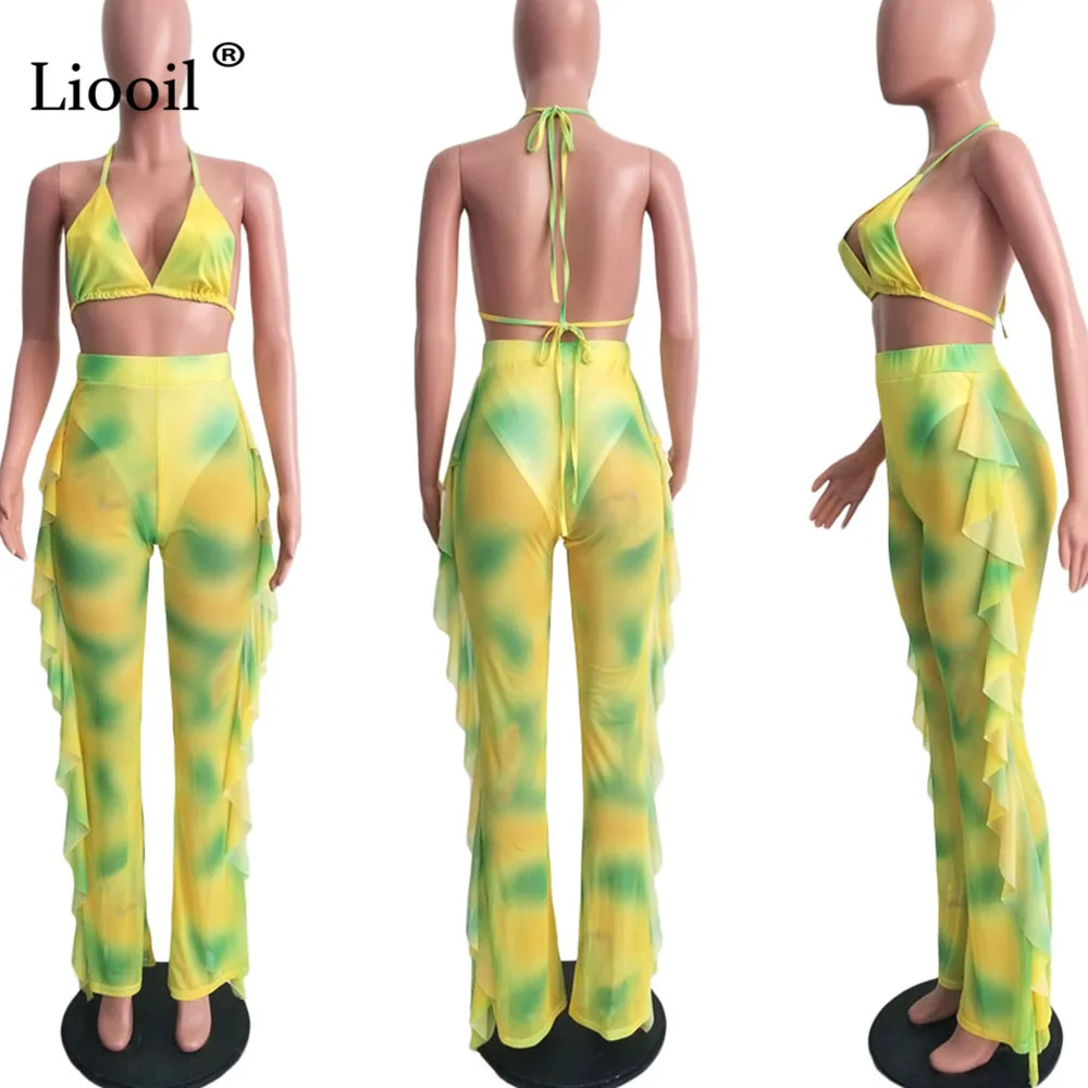 Liooil Tie Dye, комплект из 2 предметов, сексуальный женский комбинезон с открытой спиной и рюшами, v-образный вырез, открытые вечерние комбинезоны, неоновый женский комбинезон