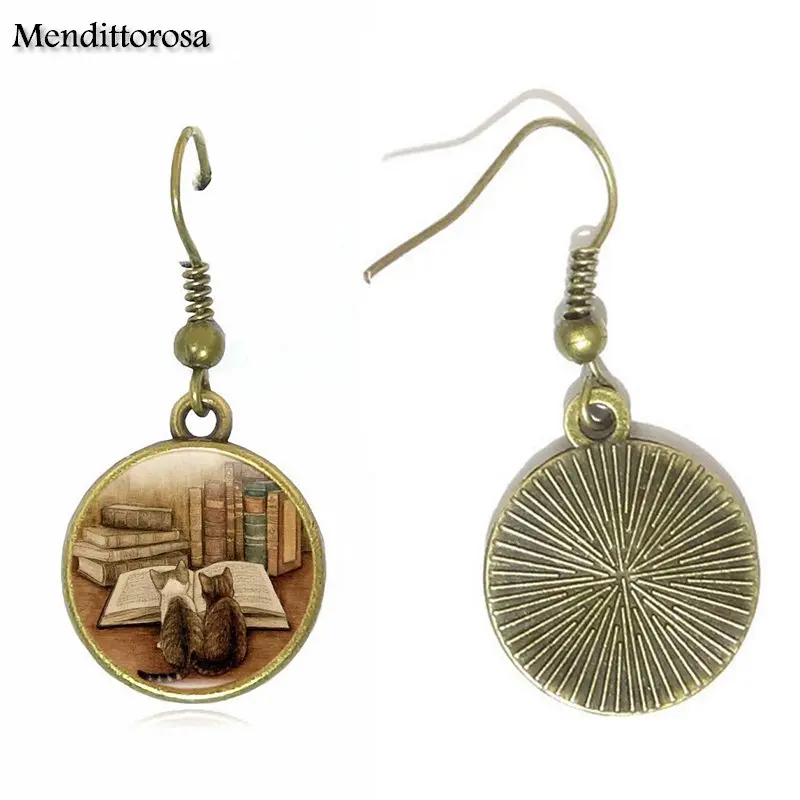 Винтажные модные стеклянные серьги Крючки Mendittorosa в виде книги и кота