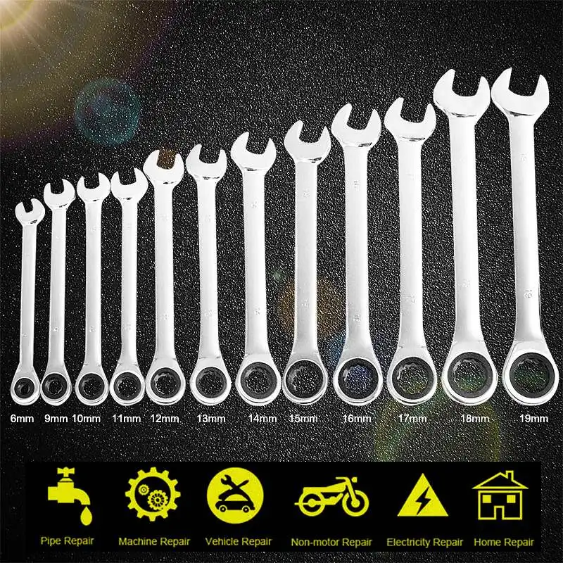 

NEW 12pcs 6-19mm Steel Ratchet Wrench Set Multiuse Wrenches Dual Use Spanners Tools Kit Fixed/Movable Head Combination Tool