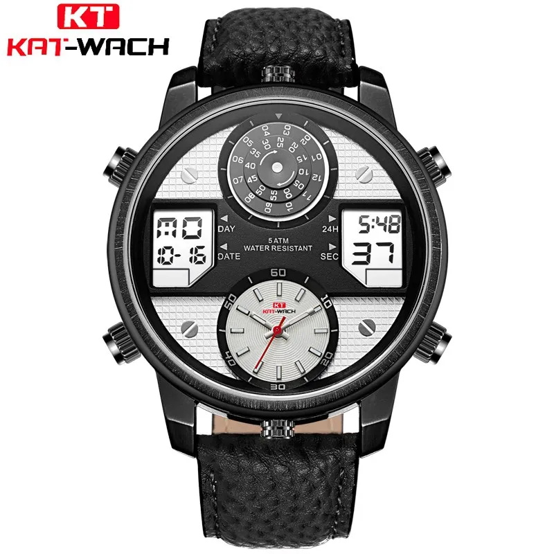 

KAT-WACH Men Big Dial Leather Dual Display Watch Man Fashion Analog Led Digital Complete Calendar Chronograph Wristwatch 720