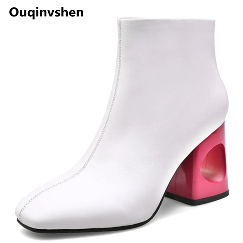 

Ouqinvshen Fretwork Heels White Boots Fashion Sewing Genuine Leather Women Ankle Boots Fashion Party Square Toe Winter Boots