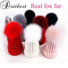 Doitbest зимняя женская шапка из натурального Лисьего меха, шапка с помпоном для девочек, вязаная женская шапка с помпоном из меха енота, шапка с помпоном для родителей и детская шапочка