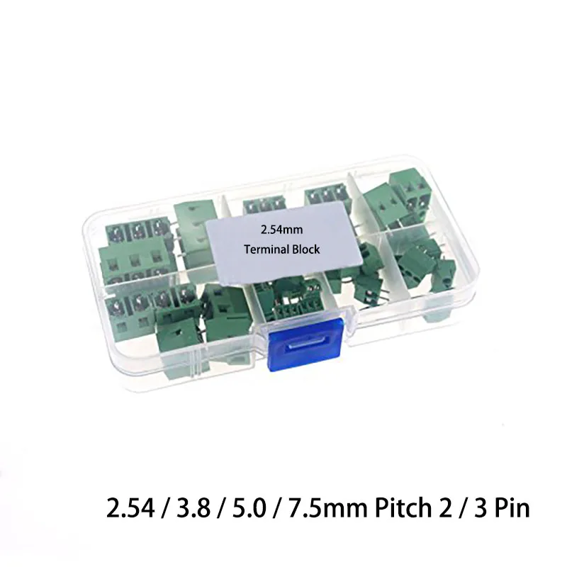 

40pcs(8 Kinds) 2.54 / 3.8 / 5.0 / 7.5mm Pitch 2 / 3 Pin PCB Mount Screw Terminal Block Connector Assortment Kit