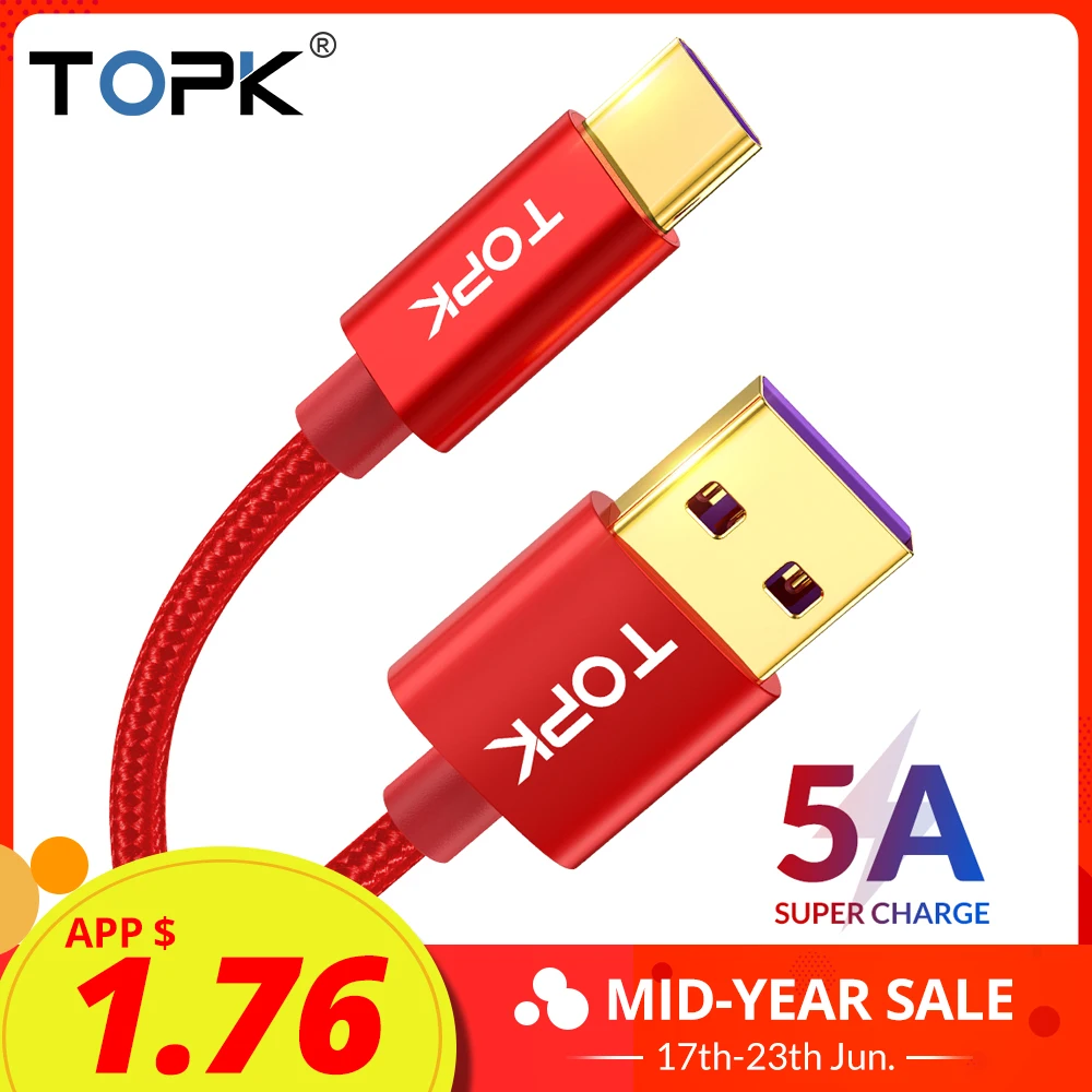 

TOPK 5A USB C Cable Quick Charge USB Type C Cable for Huawei Mate 20 Pro Honor 10 9 Fast Charger Cable for Samsung Note 9 S9 S8