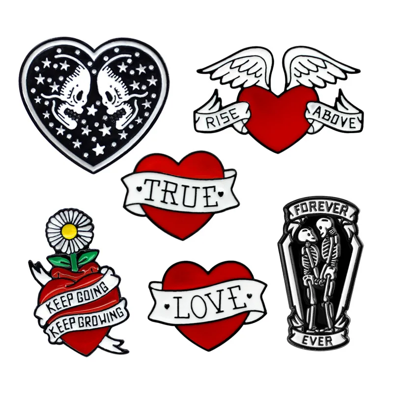 Red Heart Medal Wing Rose Coffin Tombstone Skeleton hand bone double knife Ribbon Sun Flower Gothic brooch Gifts | Украшения и