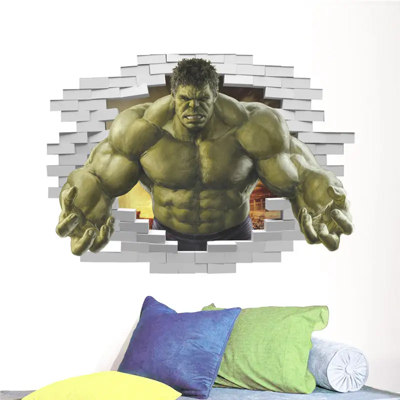 Powerful Hulk 3d Broken Wall Stickers For Boys Room Decoration Avengers