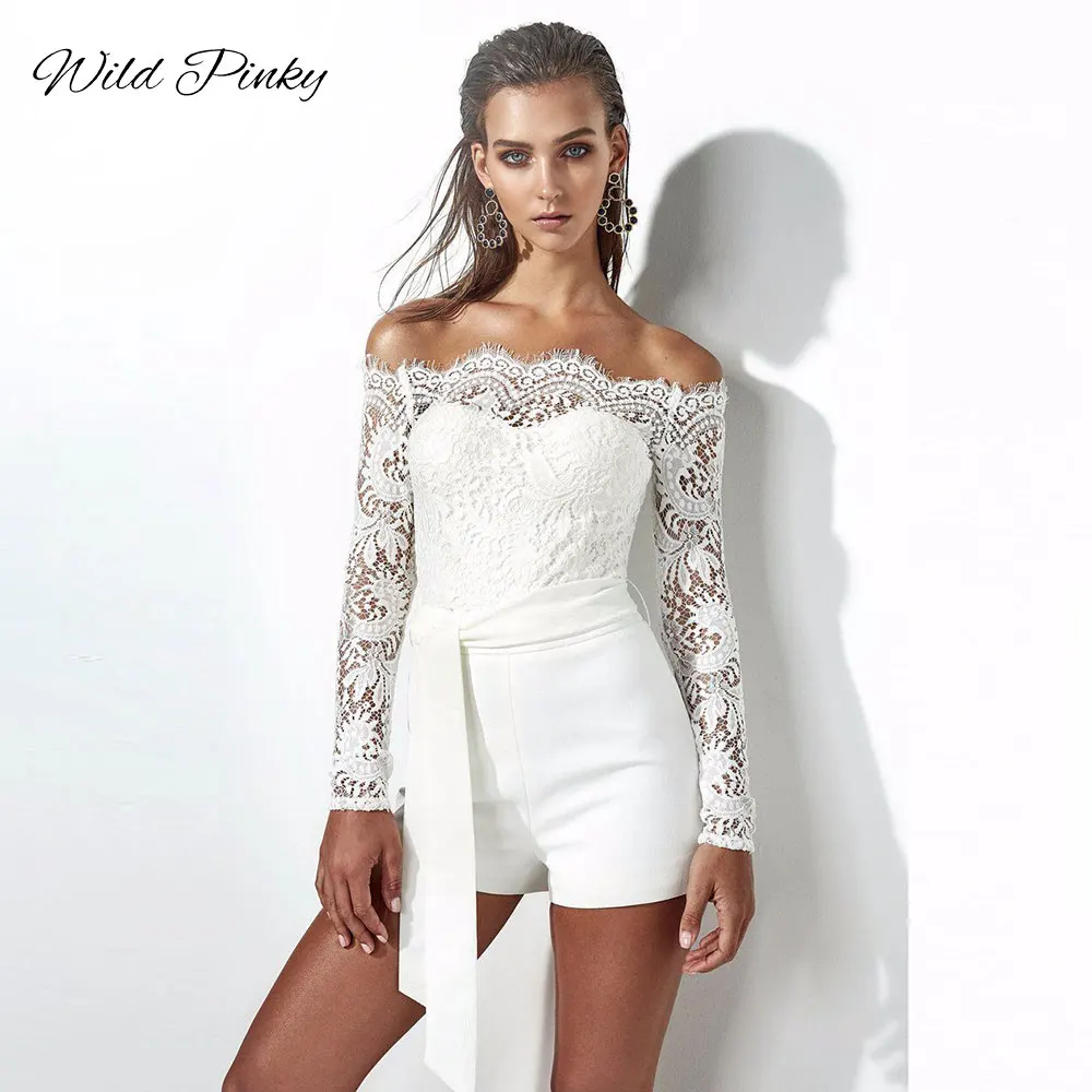 WildPinky Hollow Out Sexy White dress Lace Embroidery Spliced Rompers Off Shoulder Jumpsuit Overalls Summer Playsuits Female | Женская