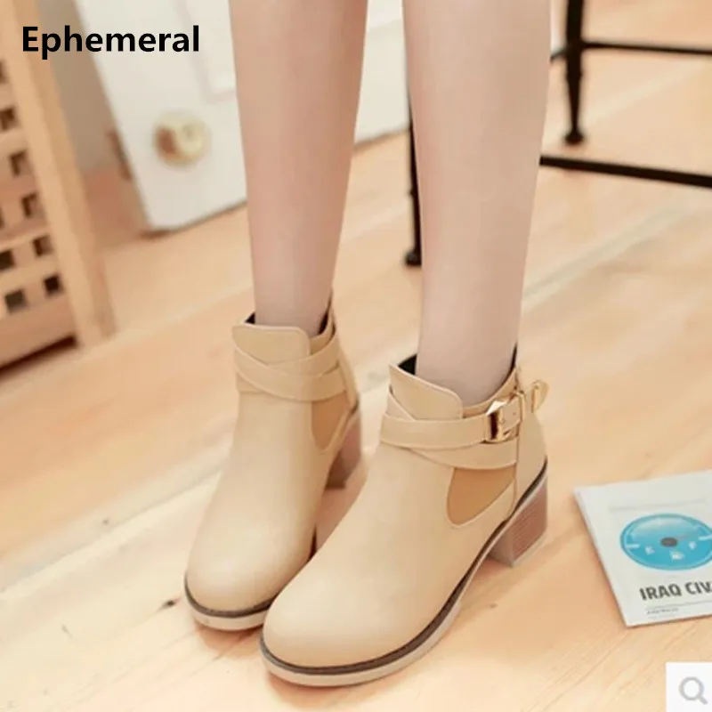 

Lady Buckle Square Med Heel Botas European American Fashion Ankle Short Plush Booties big size 34-43 Women Pumps Round toe Shoes