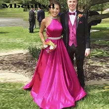 Mbcullyd Блестящий Кристалл бисером Fushia Выпускные платья новые сексуальные Холтер с карманом недорогое платье для выпускного распродажа платье для выпускного вечера