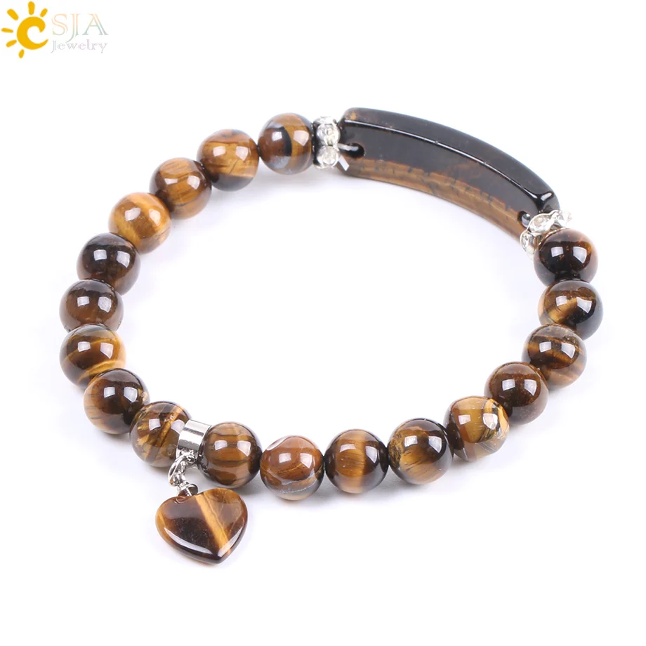 

CSJA Natural Stone Beads Tiger Eye Men Strand Bracelets & Bangles Heart Shape Silver-color Fitting Women Jewelry Love Gifts F105