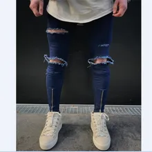 Knee hole Ripped Men’s Skinny jeans Bottom Zipper Stretch Denim Pants