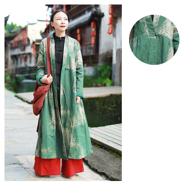 LZJN Autumn Women Trenchcoat Long Jacket Cotton Linen Duster Coat Vintage Chinese Windbreaker High Waist Ethnic Cardigan