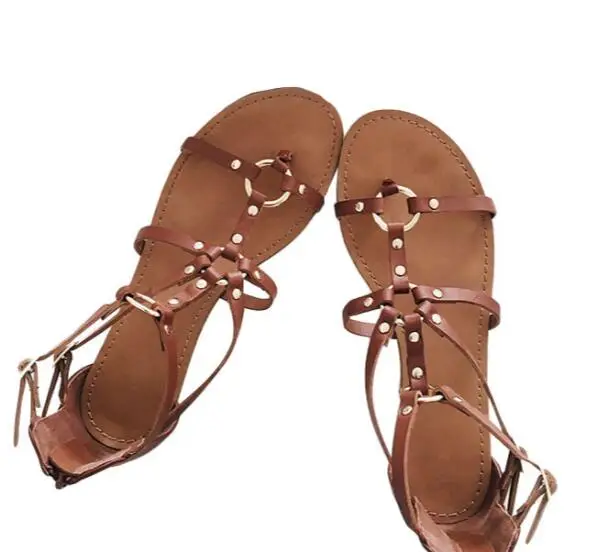 2017 summer hot selling flat sandal brown leather cutouts gladiator