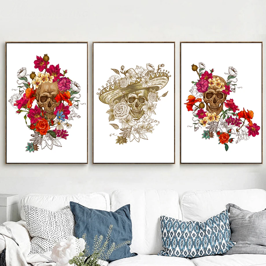 

Abstract Surrealism Skull Flower Wall Art Canvas Painting Nordic Posters And Prints Wall Pictures For Living Room Home Decor