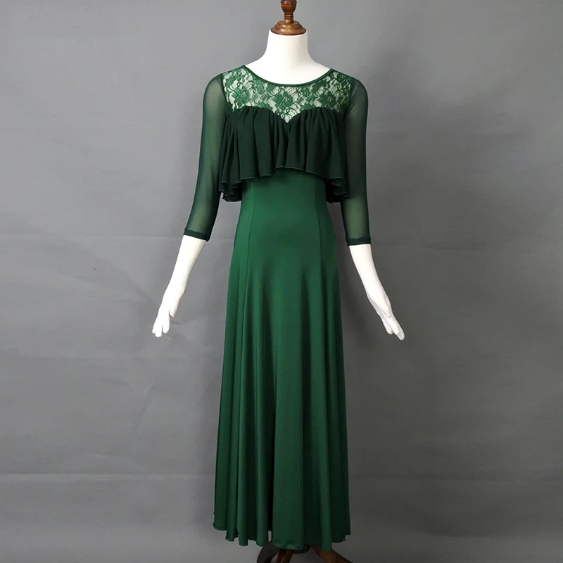 

Ballroom Dance Dress Dark Green Mid Sleeve Ballroom Waltz Dresses Women Spanish Flamenco Practice Performance Wear Lady DN3263