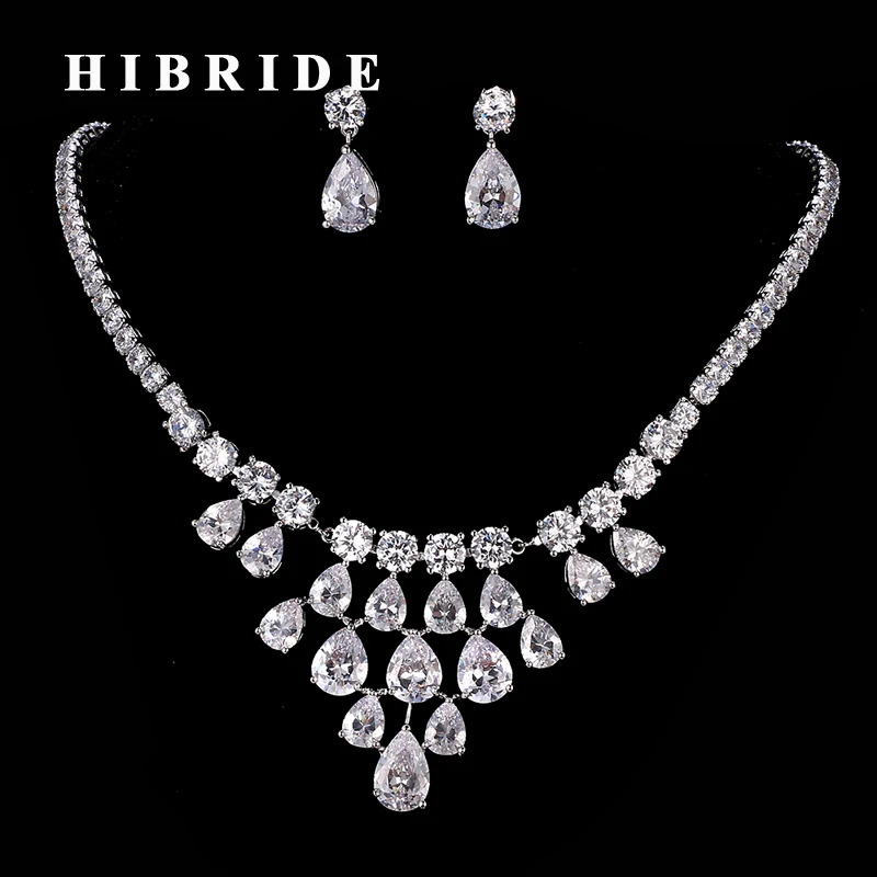 

HIBRIDE High Quality AAA Cubic Zircon White Gold-Color Women Jewelry Sets Big Pendant Necklace Sets Factory Price N-197
