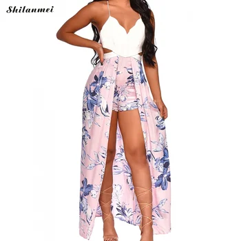 

2019 Summer Beach Rompers Womens Jumpsuit Casual Ladies Chiffon Bowknot Flower Backless Party Playsuit Evening Party Jumpsuit