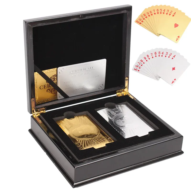 

Board Game 2 set Sliver Gold Foil Playing Cards Poker Gold Foil Plated Poker Card Funny With Wooden Box Gambling Pokerstars Gift