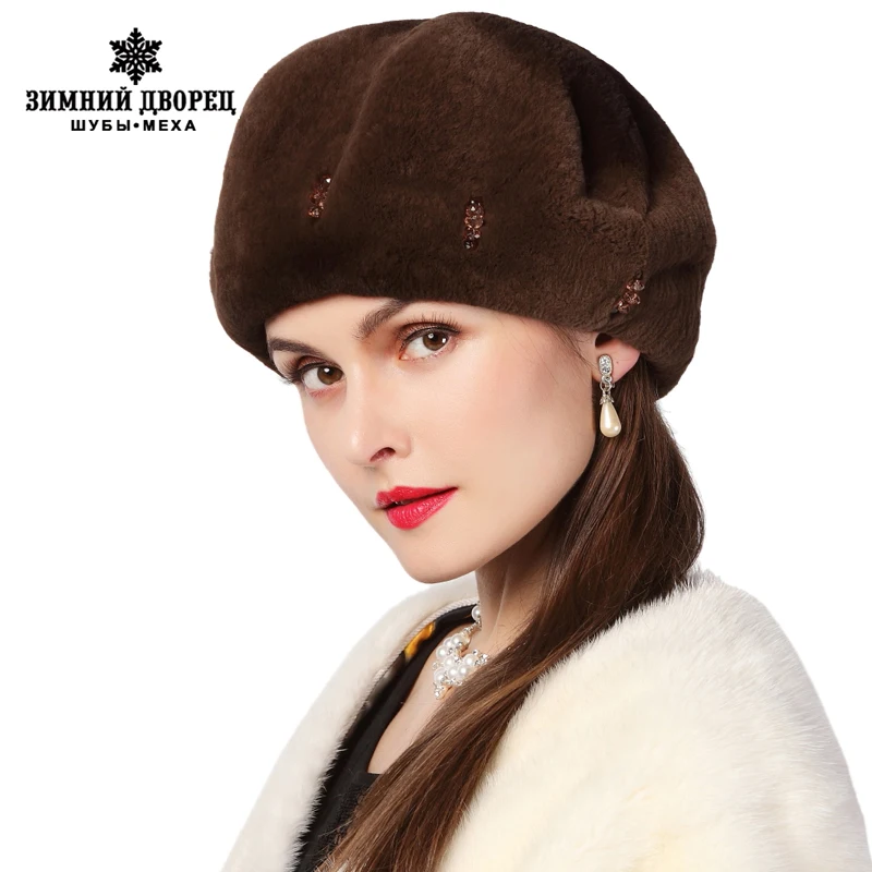 

Women Winter Rabbit fur hat, fashion design, leather Rabbit, hat mosaic brick, Rex warm winter hats, fashionable women round cap