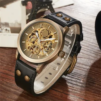 

Retro Skeleton Automatic Mechanical Men's Watch Leather Band Full Steel Wristwatches Fashion And Casual Men Women Watches Gifts