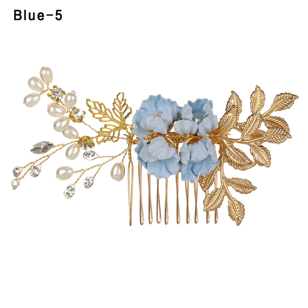 Luxury Blue Flower Hair Combs Headdress Prom Bridal Wedding Hair Accessories Gold Leaves Hair Jewelry Hair Pins - Окраска металла: blue5